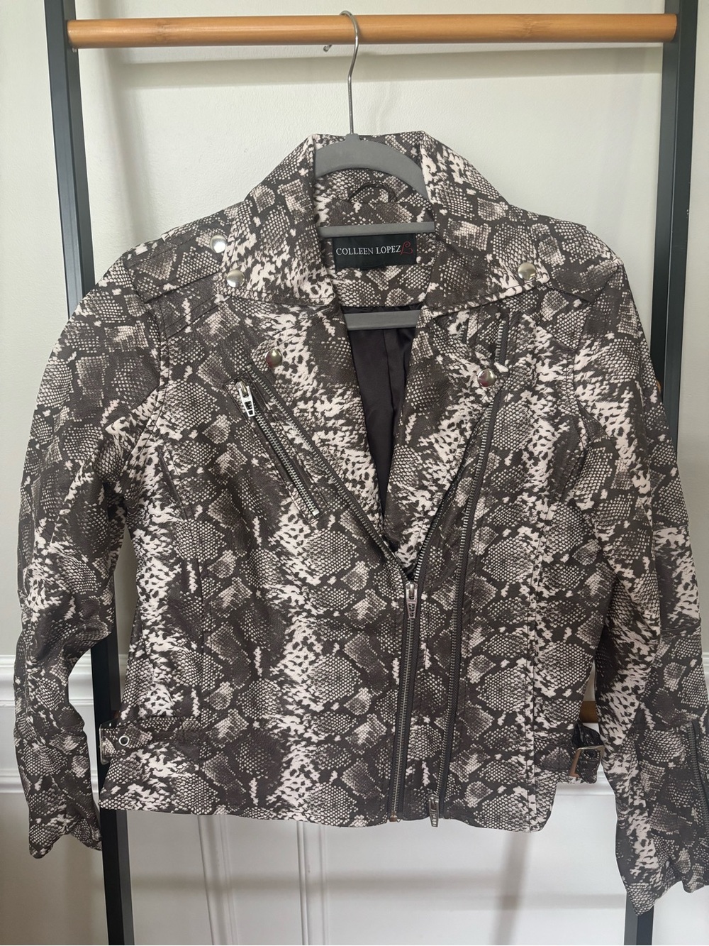 Colleen Lopez Snake-Print Moto Jacket in Brown and White